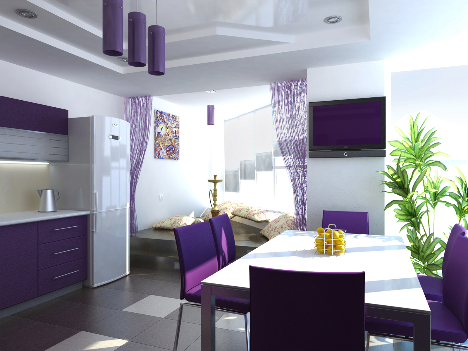 Purple chairs in the kitchen