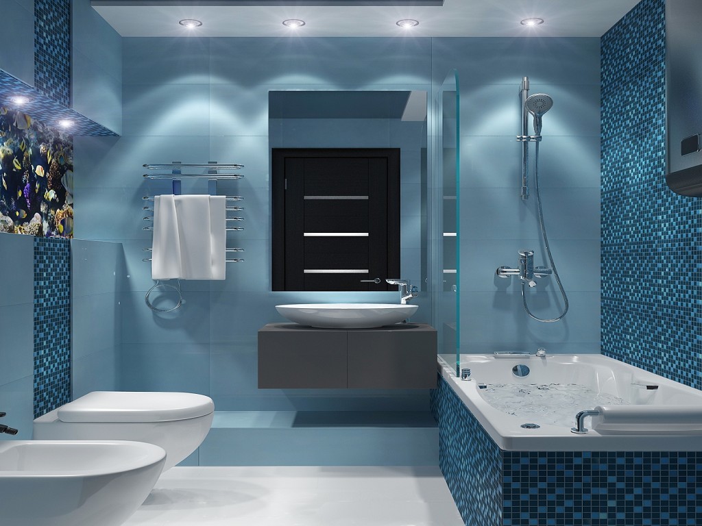 blue tiles in the bathroom