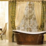 Curtain bathroom decor around a cast iron bathtub