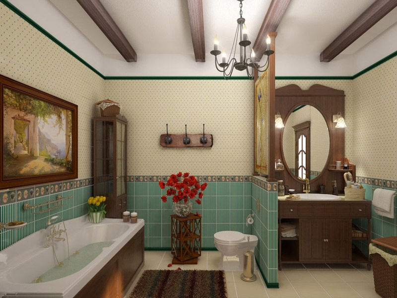 Lauku stila vannas istabas dekors lielai telpai