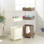 Bathroom decor in the style of mobile baskets on casters