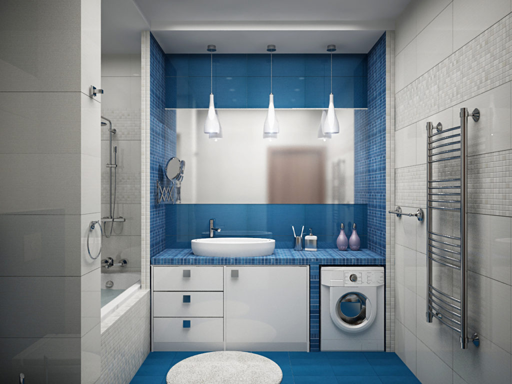 Σχεδιασμός του μπάνιου σε Χρουστσόφ λευκά και μπλε χρώματα
