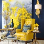 Paintings in the interior of the living room with a yellow accent