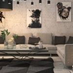 Gleznas dzīvojamās istabas bēniņu interjerā veidotas grafiskā stilā