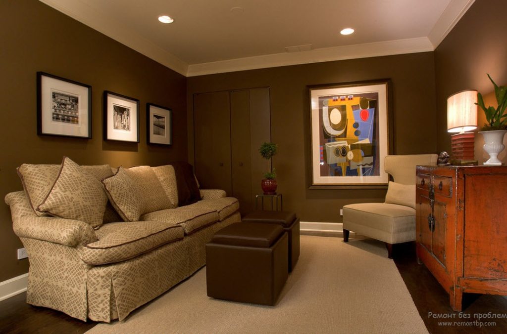 Pictures in the interior of the living room in brown tones