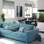 kuchyňa obývacia izba 18 m2 štýlová modrá pohovka