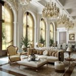 O design de uma grande sala de estar de uma casa particular em estilo clássico