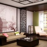 Výzdoba obývacej izby v japonskom štýle s fotografickou tapetou