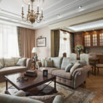 Dekorasyon ng sala sa silid na may mga sofa at mga armchair sa gitna