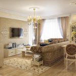 Výzdoba obývacej izby s čalúnenou pohovkou a luster s odtieňmi