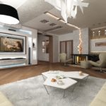 Dekorácia obývacej izby s neónovým osvetlením a nástennými výklenkami pre nábytok a TV
