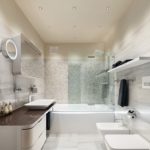 Augsto tehnoloģiju modernais vannas istabas dizains ar marmora flīzēm