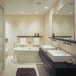 Modern bathroom design with nightstand and mirror