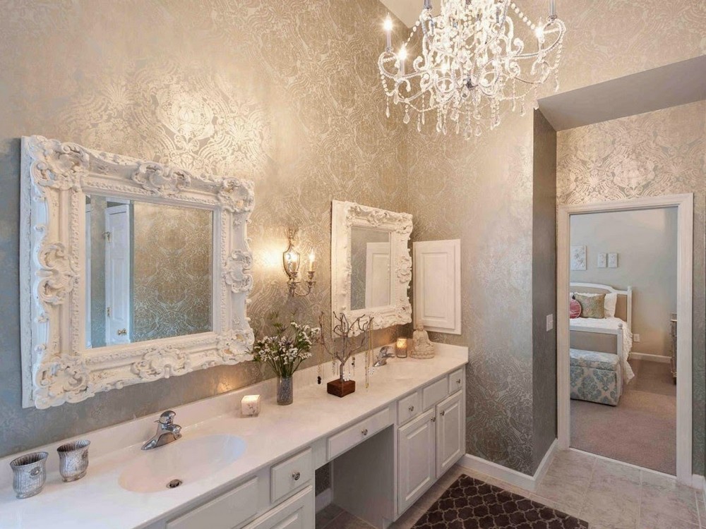 Contemporary bathroom design combines baguette mirrors