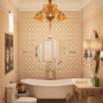 myšlienka použitia krásnej dekoratívnej omietky v interiéri kúpeľňového obrazu