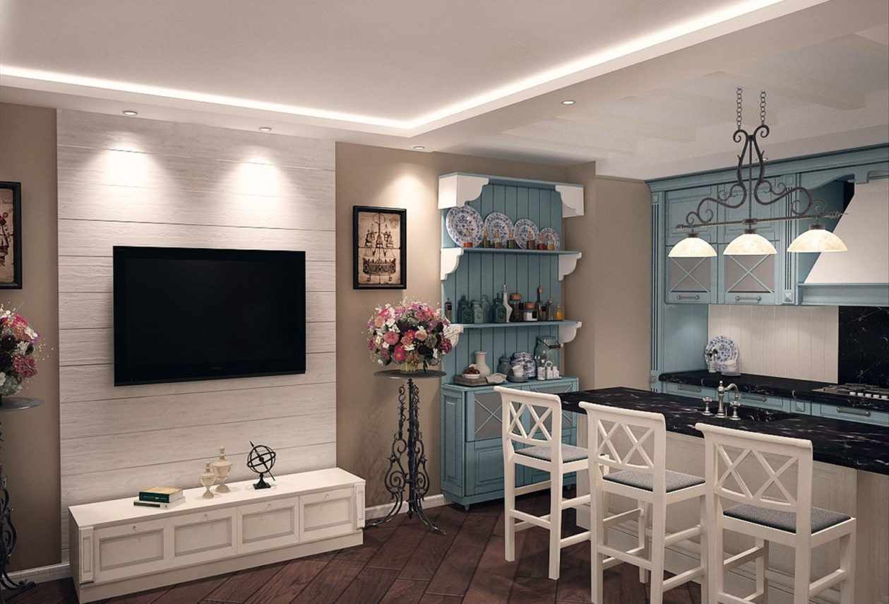 An example of a bright decor of a living room kitchen 16 sq.m