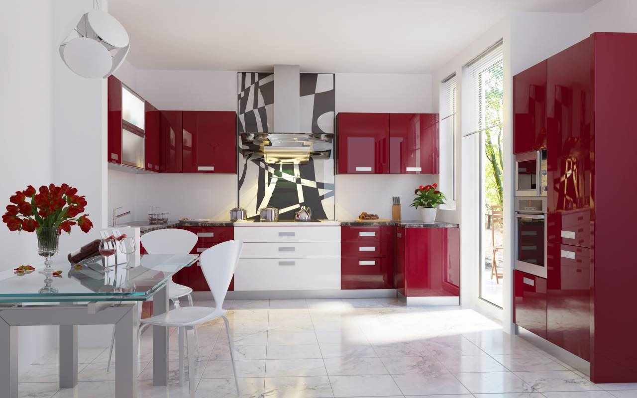 a idéia de uma decoração incomum de cozinha vermelha