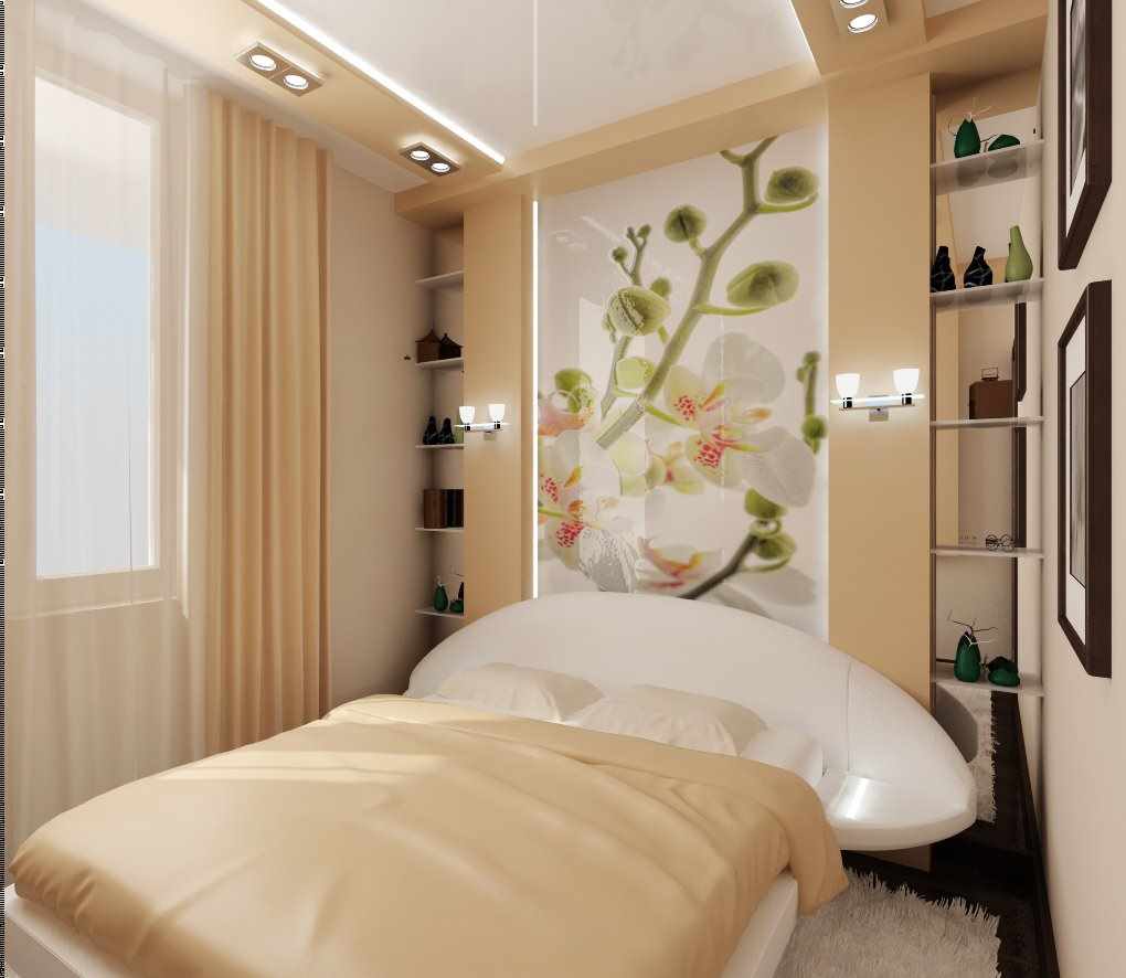 Šaurās guļamistabas spilgtā dizaina piemērs