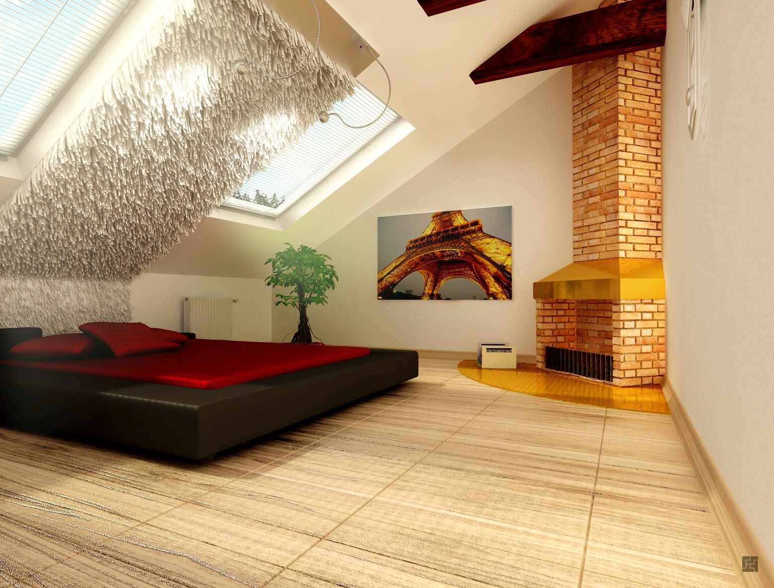 biến thể của một thiết kế đẹp của một phòng ngủ trên gác mái