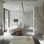 Príklad použitia svetlých dekoratívnych omietok pri návrhu kúpeľňovej fotografie