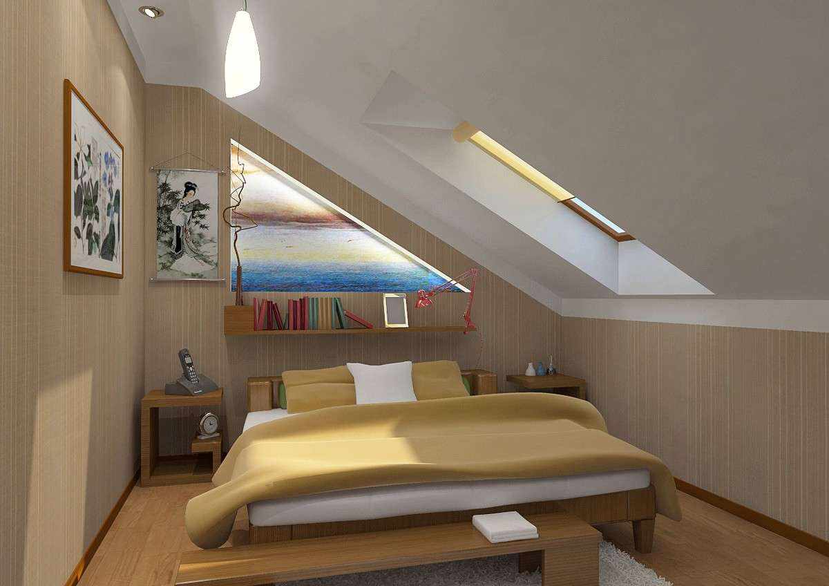 the idea of ​​an unusual decor of a bedroom in the attic