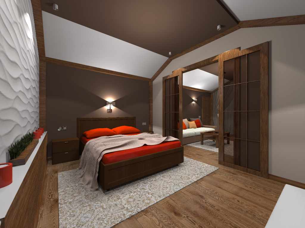An example of the bright style of the attic bedroom