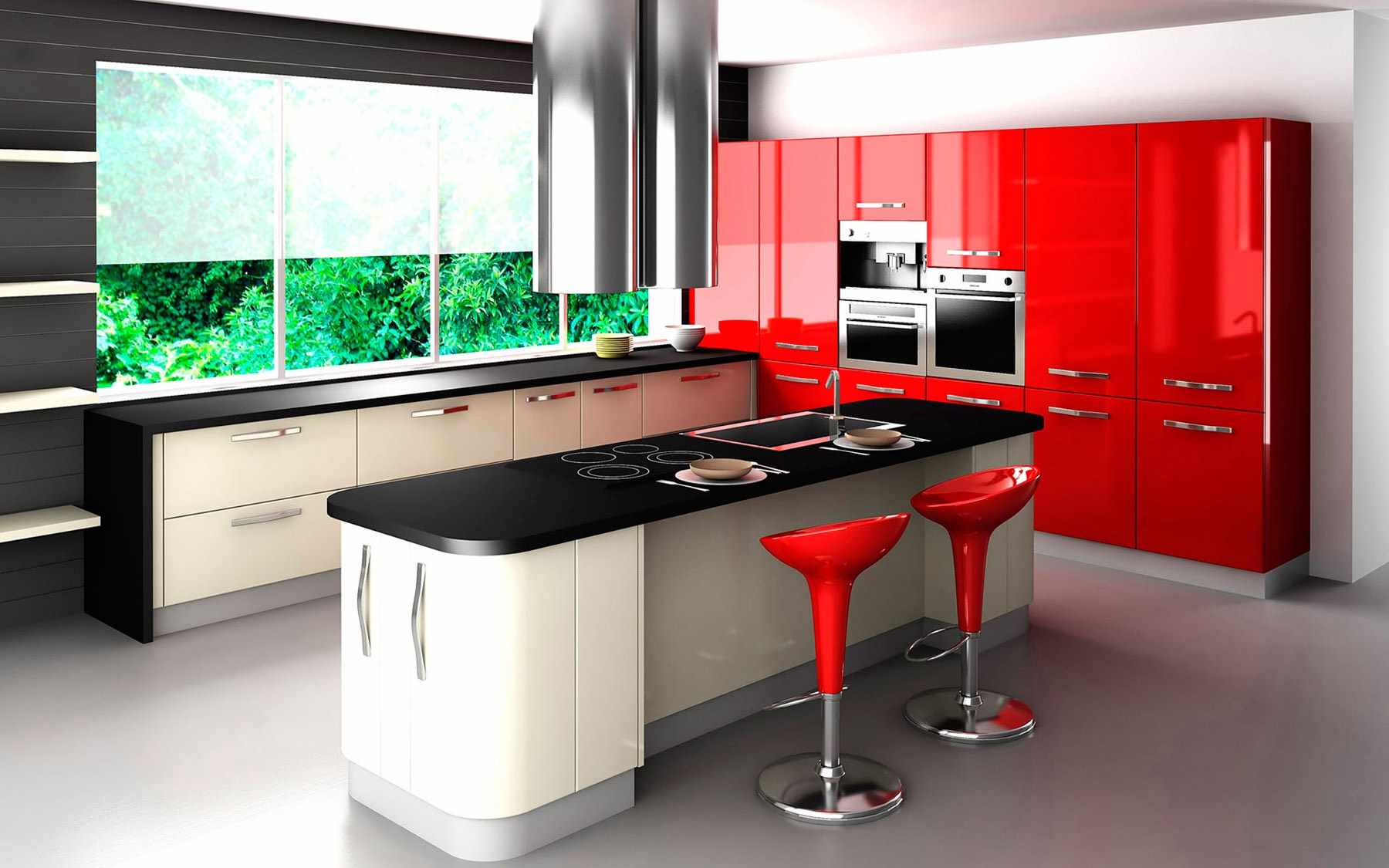 myšlienka svetlého interiéru červenej kuchyne
