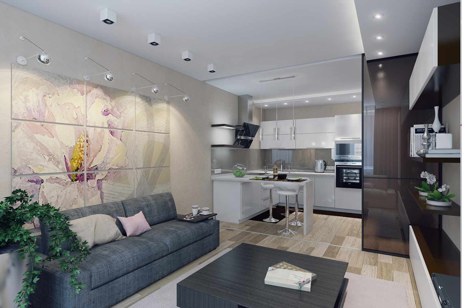la idea d'una sala d'estar de cuina d'estil brillant de 16 metres quadrats