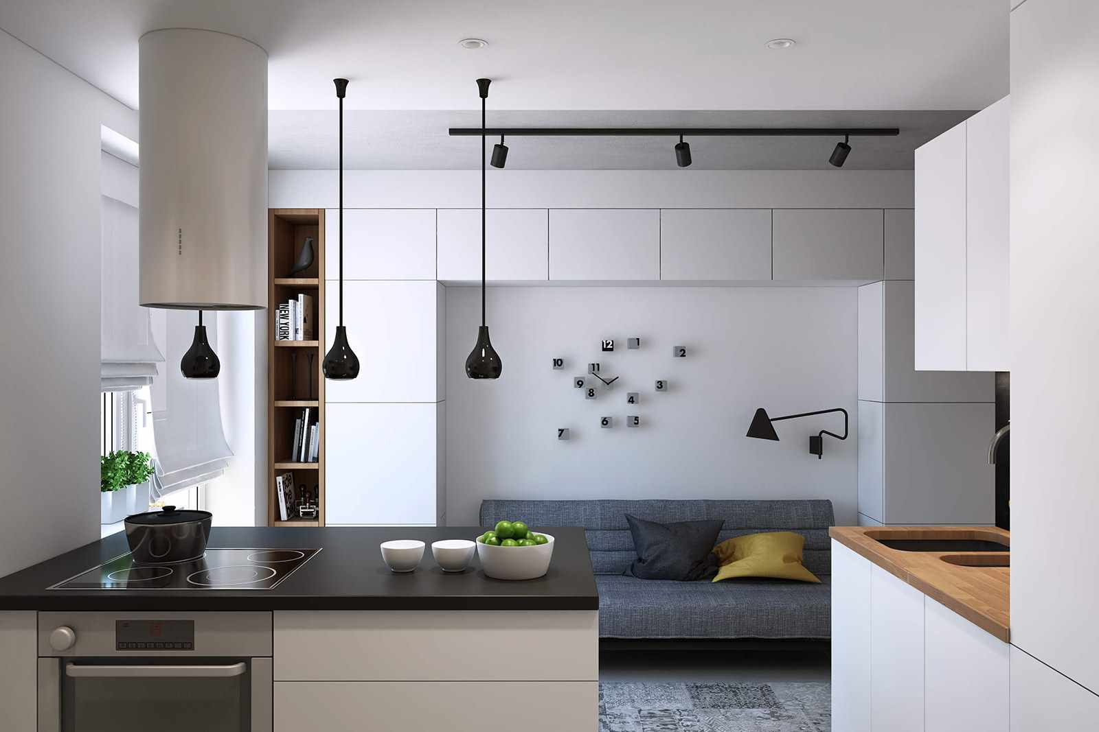Một ví dụ về một phòng khách nhà bếp thiết kế đẹp 16 mét vuông