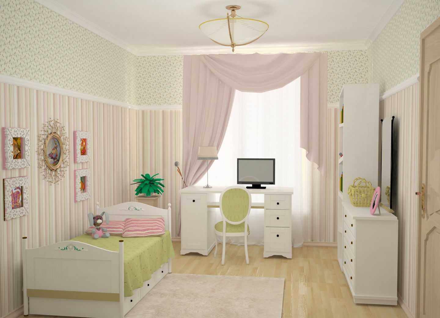 Bir kız için parlak bir yatak odası tarzı örneği