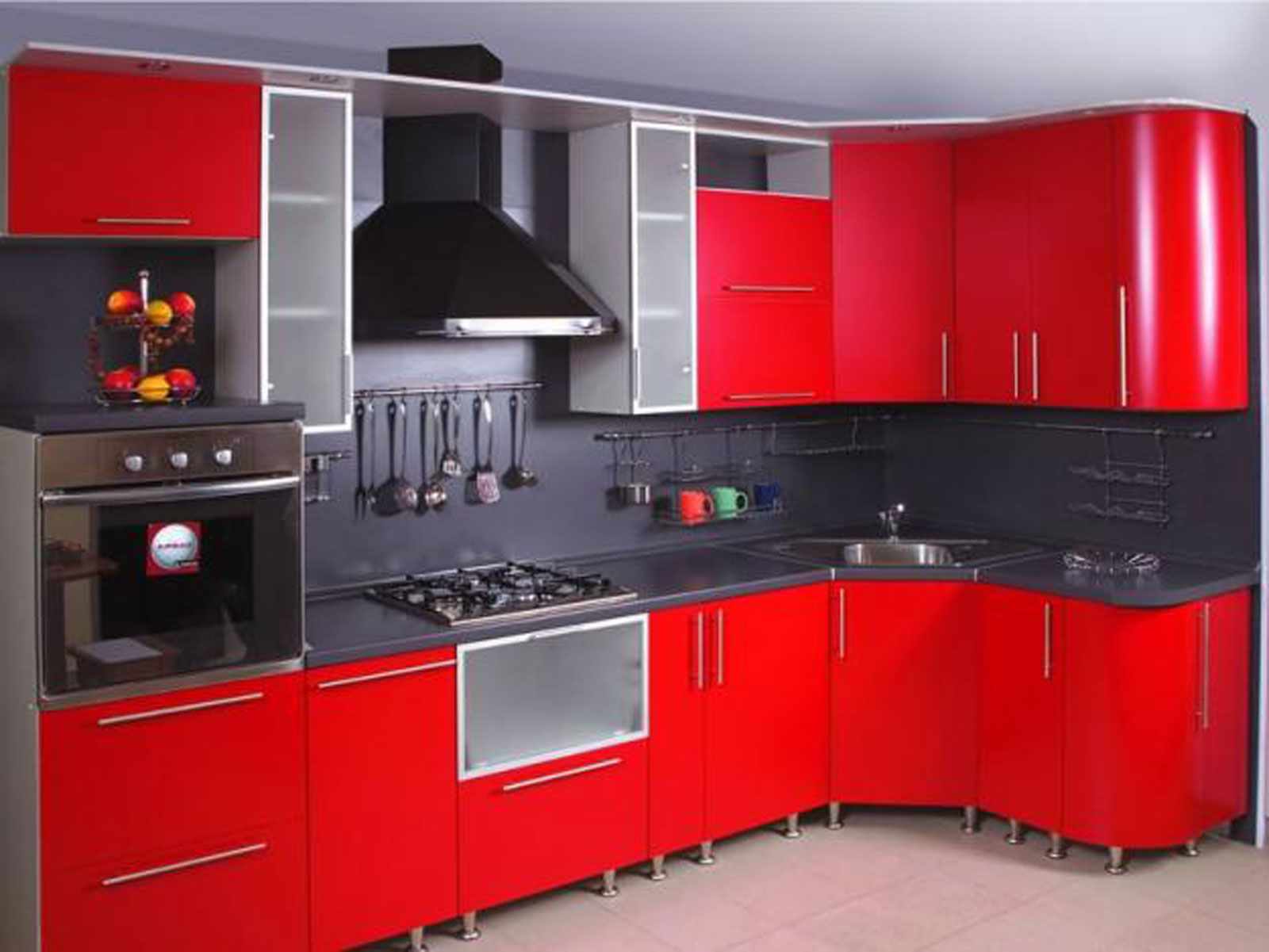 แนวคิดของครัวสีแดงสว่างภายใน
