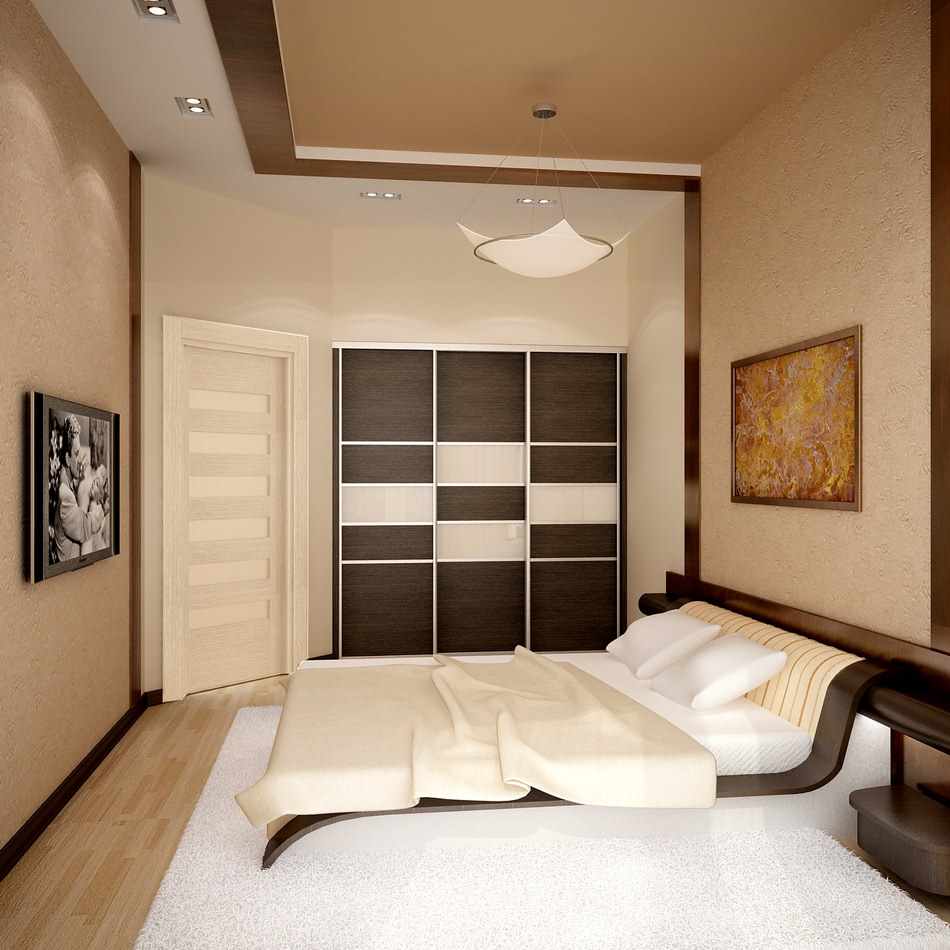 a variant of the unusual interior of a narrow bedroom
