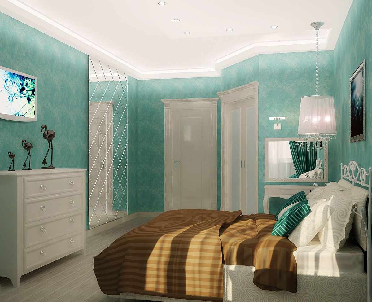 šauras guļamistabas skaista dekora piemērs