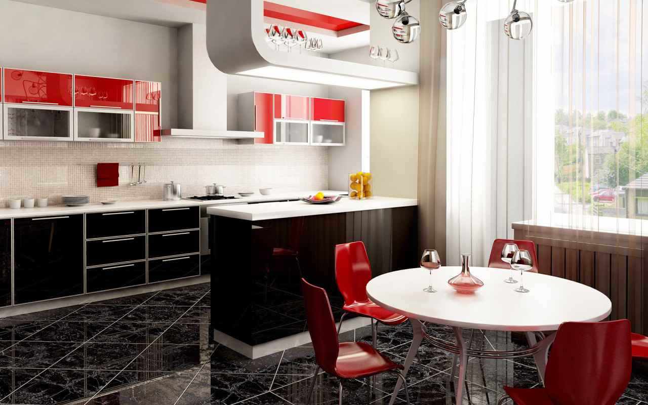 variante do interior brilhante da cozinha vermelha