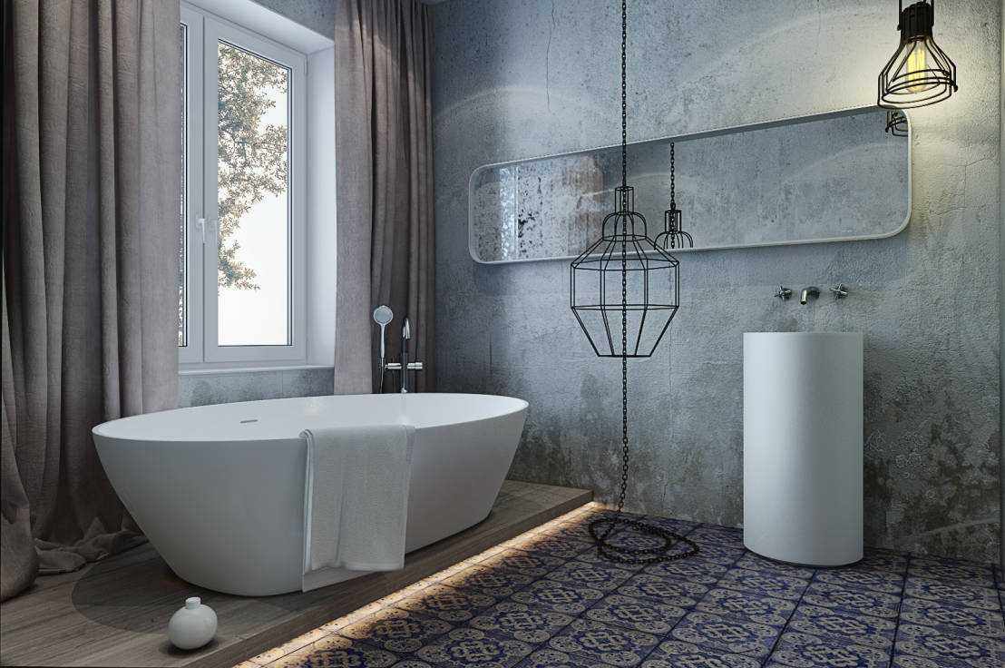 myšlienka použitia krásnej dekoratívnej omietky v interiéri kúpeľne