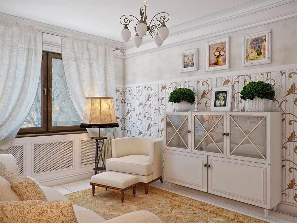 egy példa a gyönyörű provence-stílusú kialakításra a nappaliban