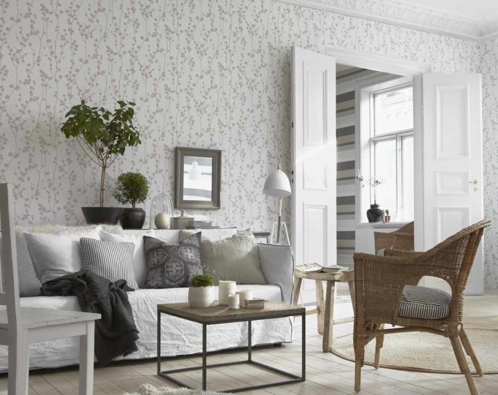 Példa egy világos stílusú tapéta egy nappali szobájába