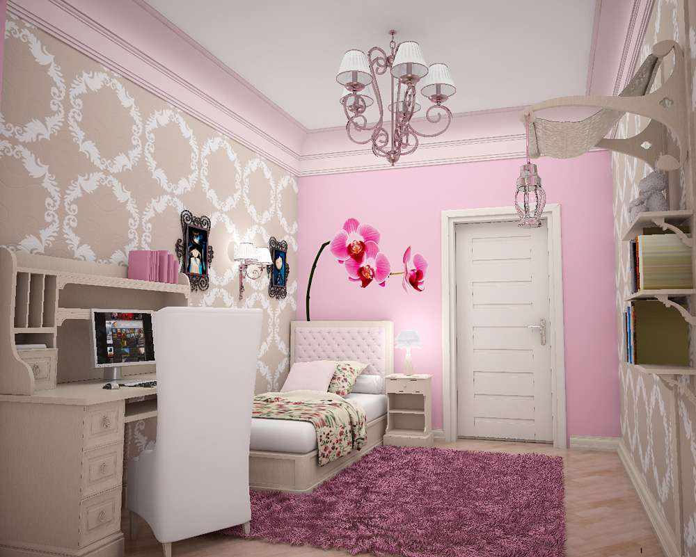 bir kız için alışılmadık bir yatak odası dekoru örneği