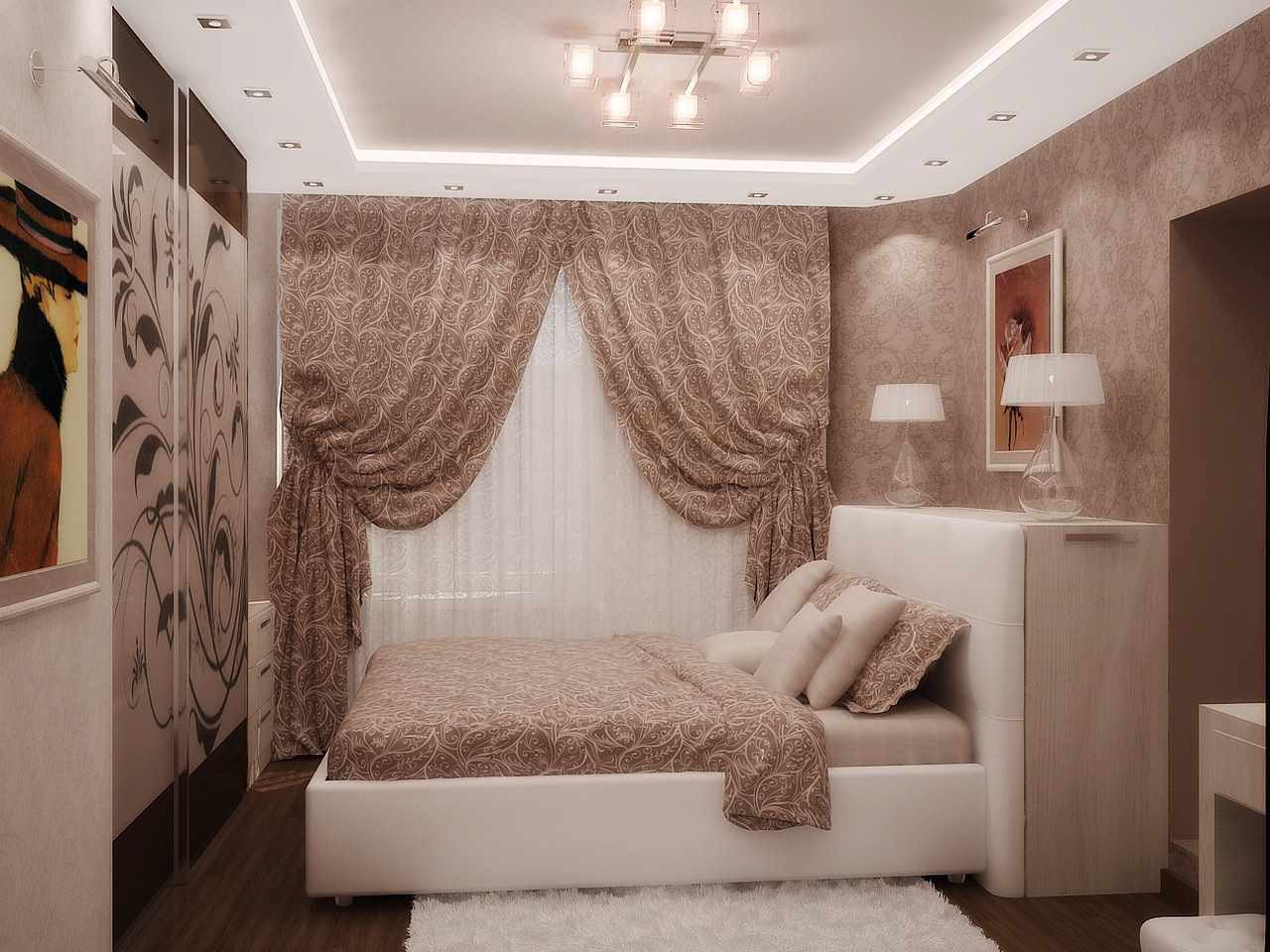 Một ví dụ về trang trí tươi sáng của một phòng ngủ hẹp