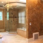 example of the use of bright decorative plaster in the decor of the bathroom photo