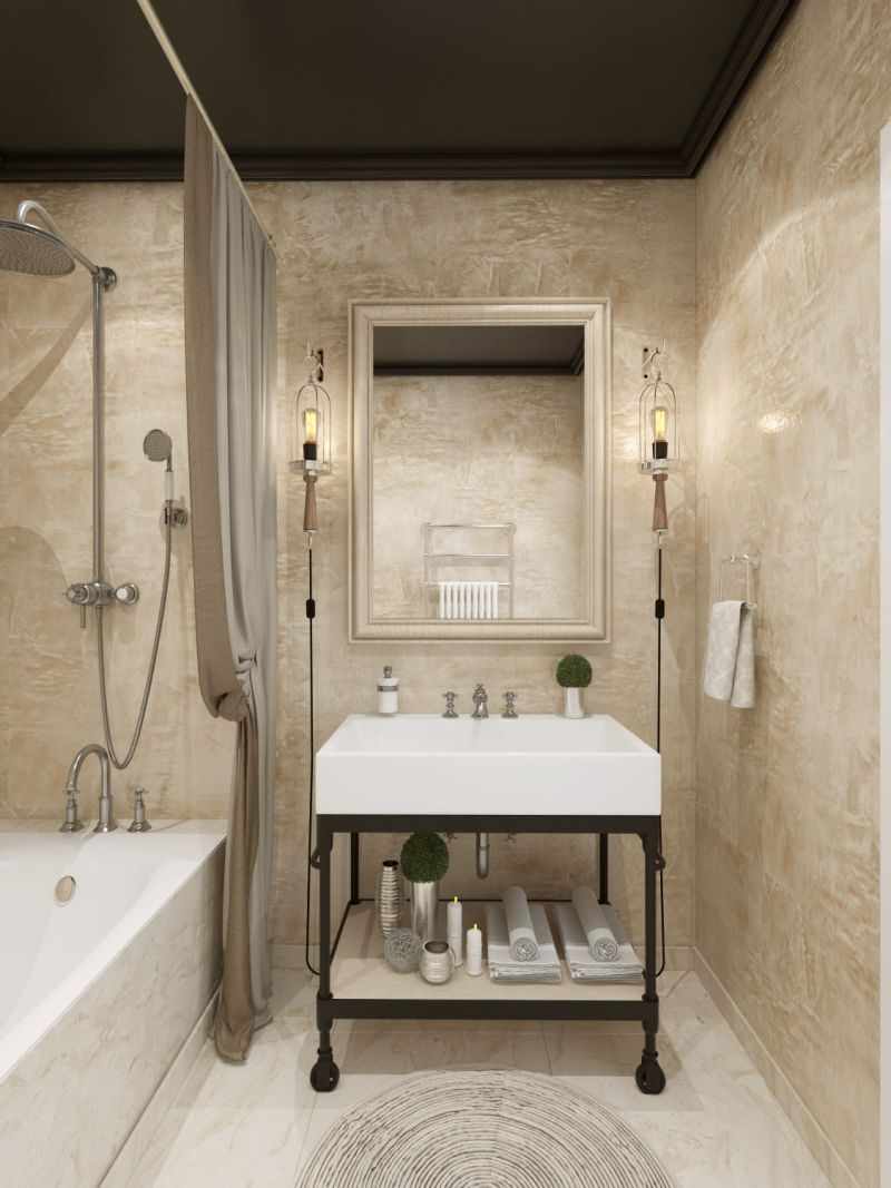 možnosť použitia krásnej dekoratívnej omietky v dizajne kúpeľne
