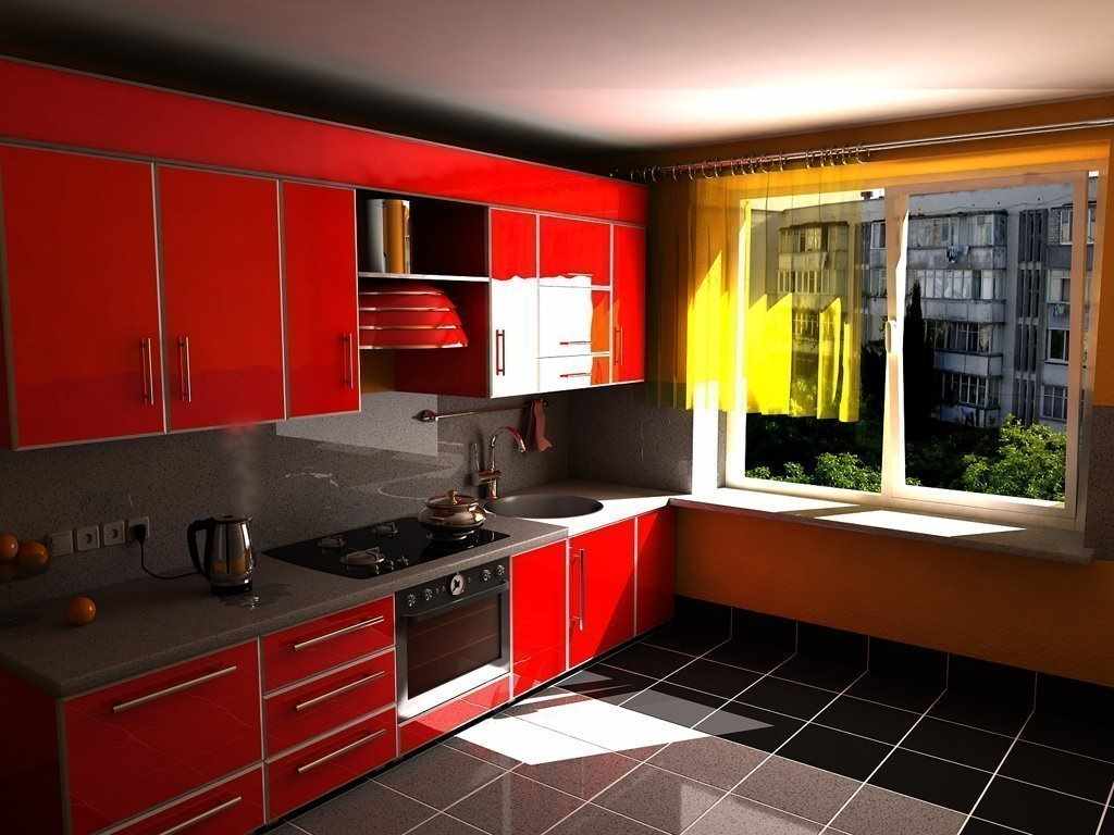 neįprasto raudonos virtuvės interjero pavyzdys