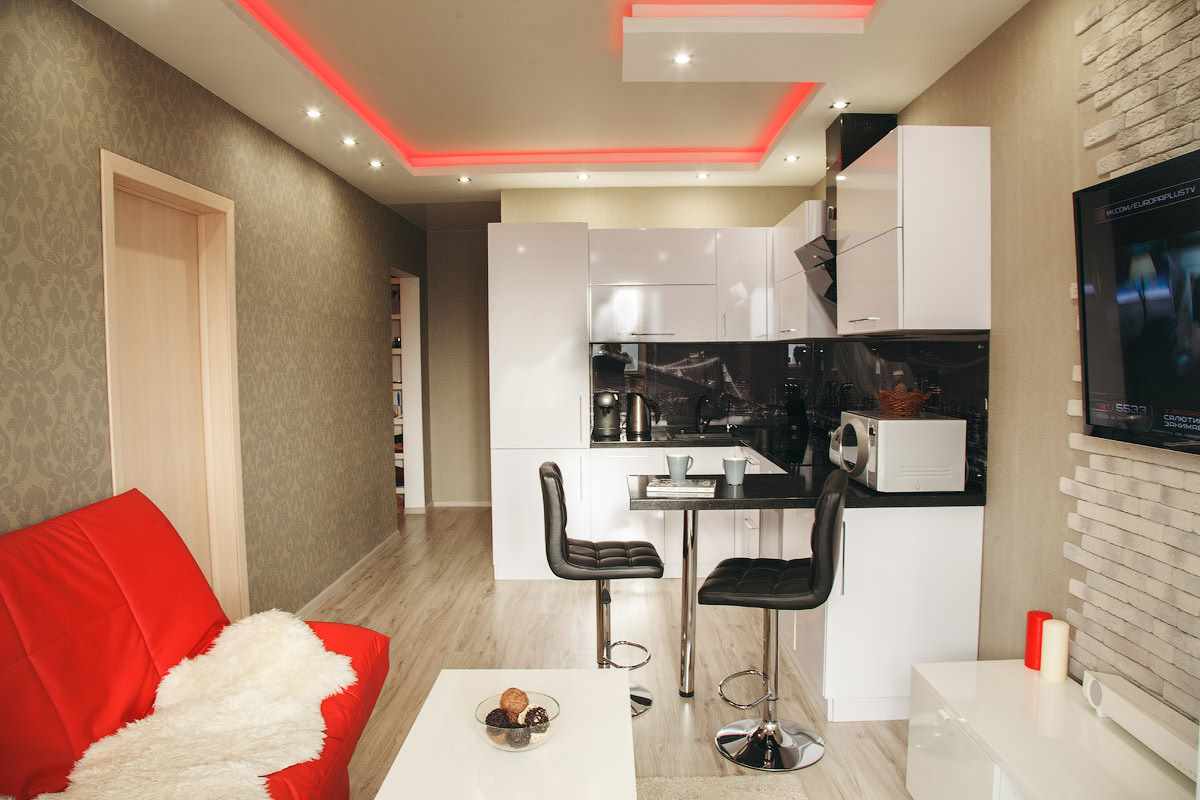 lluminosa variant de disseny de la cuina de la sala d’estar 16 m2