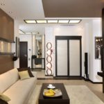 het idee om een ​​mooi ontwerp van een woonkamer toe te passen in de stijl van een minimalistisch beeld