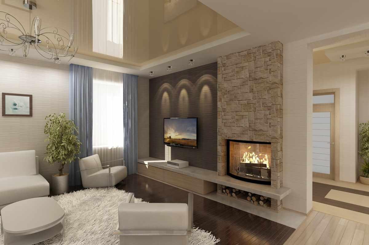 the idea of ​​using a light living room decor with a fireplace