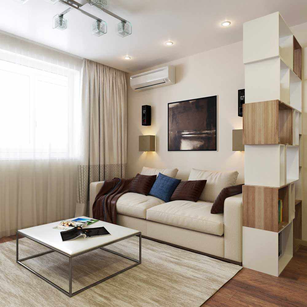 Un esempio di un design luminoso di un soggiorno di 16 mq