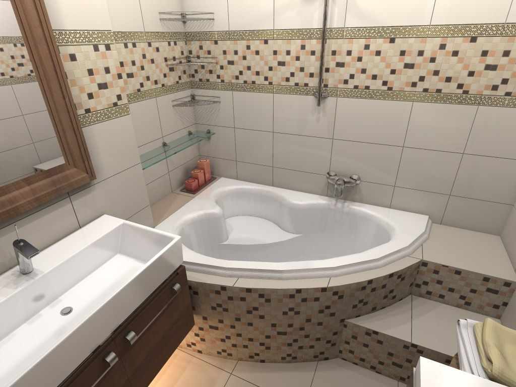 Příklad krásného designu koupelny s rohovou vanou