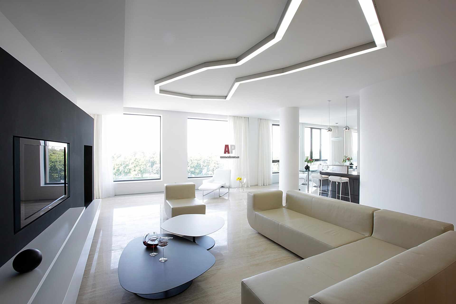 Un ejemplo del uso de un diseño inusual de una sala de estar al estilo minimalista