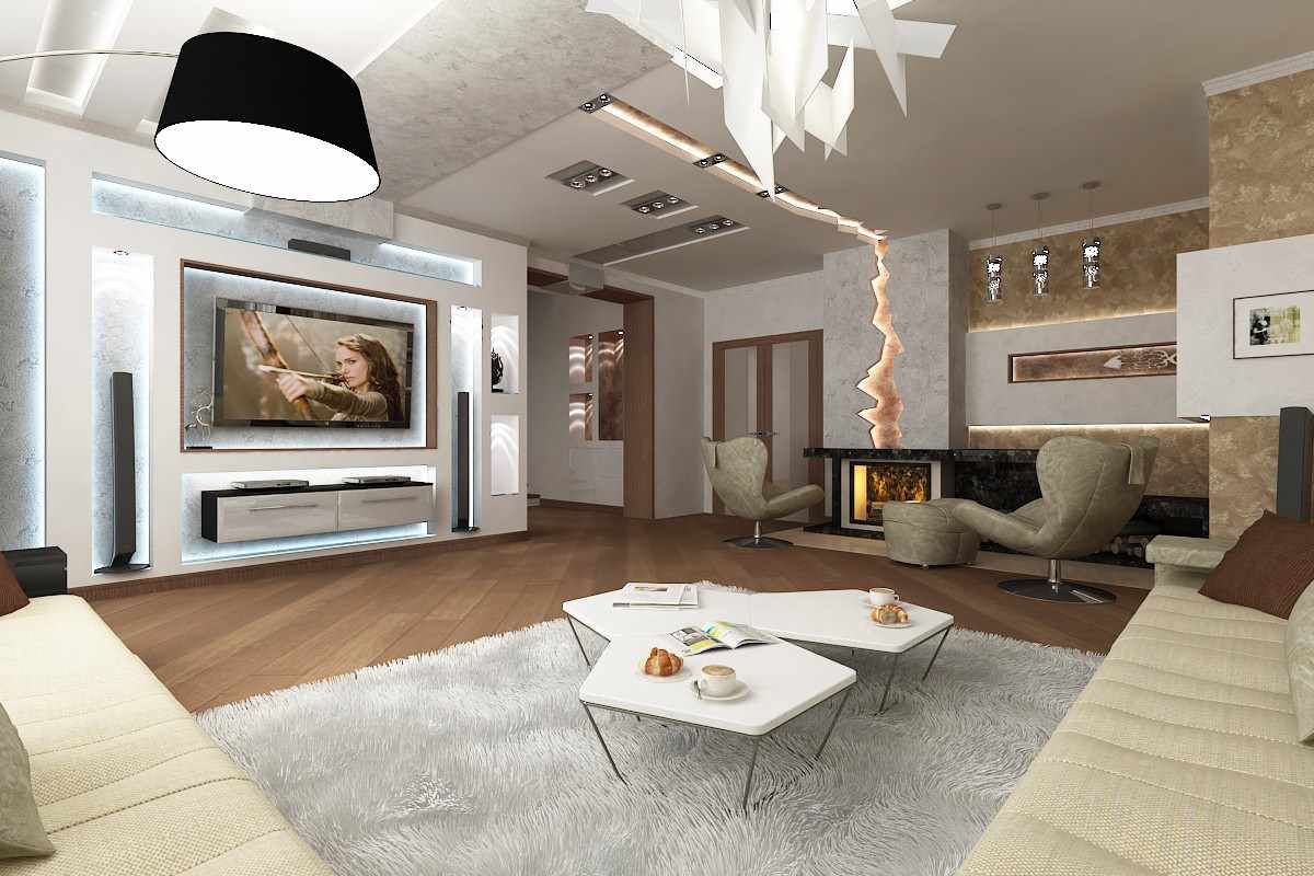 dzīvojamās istabas ar kamīnu neparasta stila piemērs