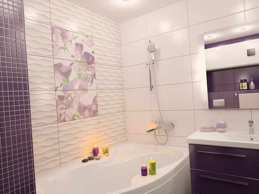 idea of ​​unusual decor of a bathroom with a corner bath